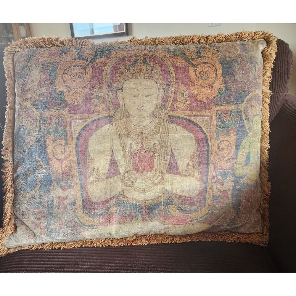 Vintage Buddhist Tapestry Throw Pillow With Fringe Trim 25" x 20"